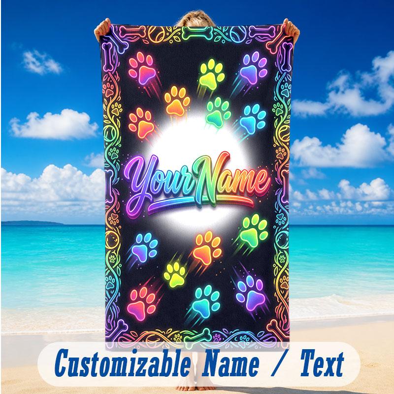Dog Theme Beach Towel Personalized Custom Name & Text Soft Quick Dry Beach Towel for Swimming Travel