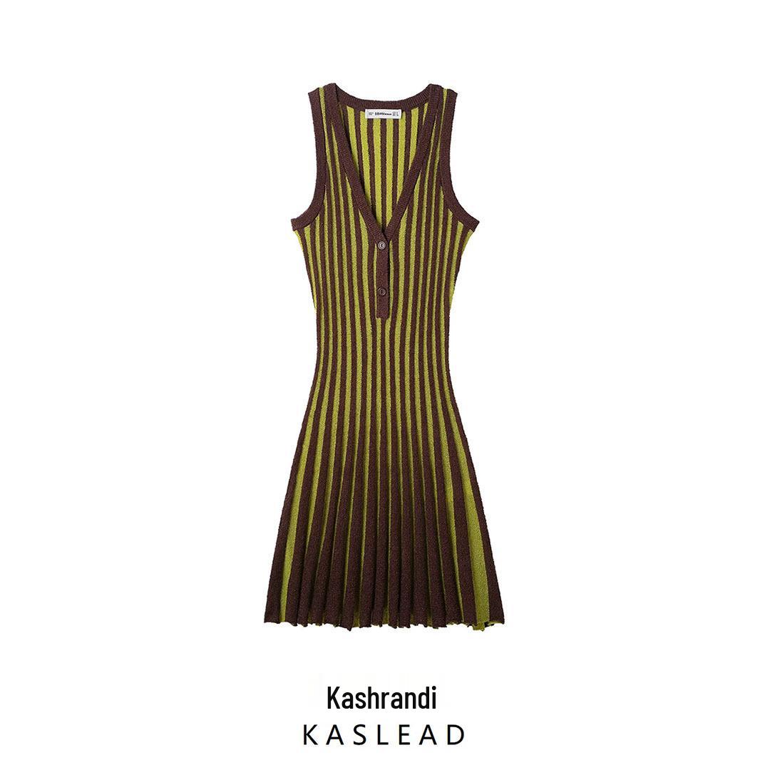 

2025 Spring Women s Fashion: European & American Striped Knit Dress L