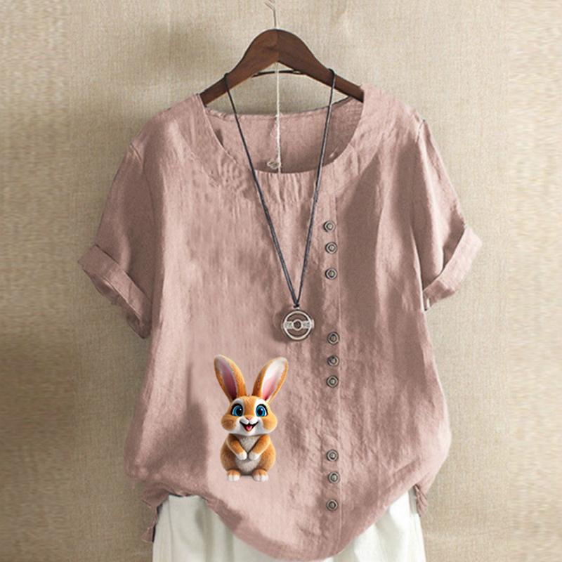 Women's Fashion Round Neck Short Sleeve T-shirt Casual Cotton Linen Graphic Shirt Rabbit Prined Summer Blouse Tops Plus Size