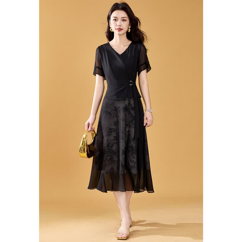 Women's Black Jacquard V-Neck Chiffon A-Line Dress