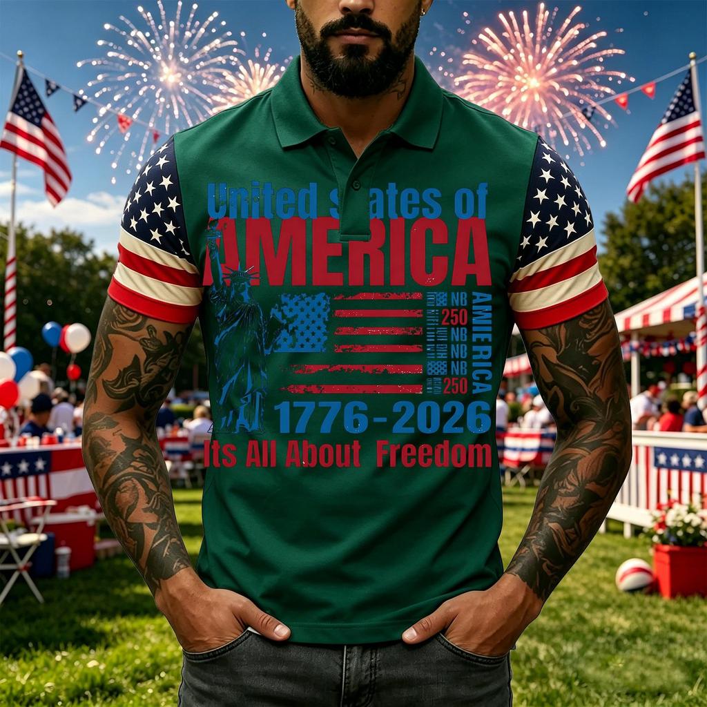 Men's Casual Short Sleeve Polo Shirt with Graphic Print and American Flag Pattern Sleeves Button Down Collar Athletic Fit