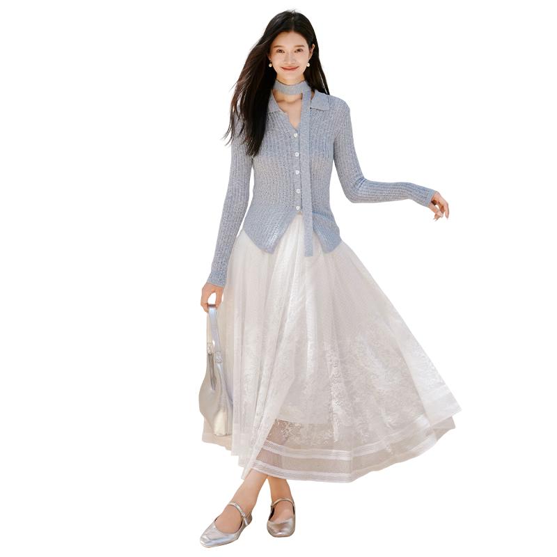Xiangying Women s French Hazy Blue V-Neck Knit Cardigan L