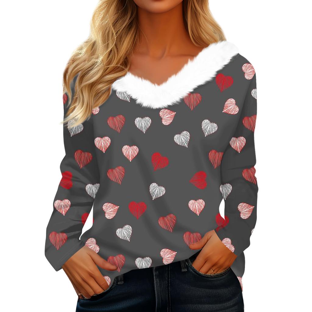 Women's Valentine's Day Printed Long-Sleeved Shirt, V-Neck, Casual Loose-Fitting T-Shirt Top