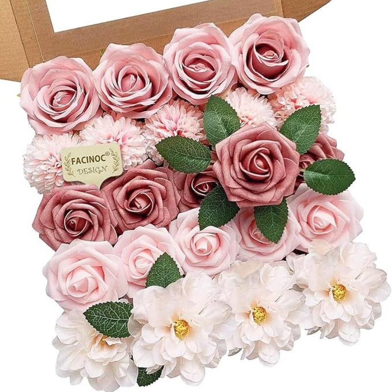 

High Quality Artificial Rose Bouquet Beige/Pink Mixed Fake Flowers for Wedding Home Decor Valentine’s Day Christmas Table Vase 28x25x5cm