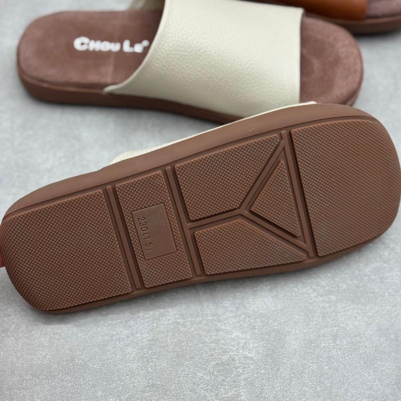Johnature Genuine Leather Peep Toe Flat Slippers Simple Comfortable Soft Soled Cowhide Women's Slides