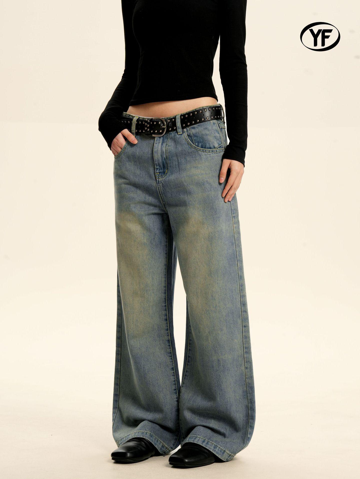 Yongfang Unisex Retro Washed Blue Wide-Leg Jeans with Bleached Whiskers Extra Large