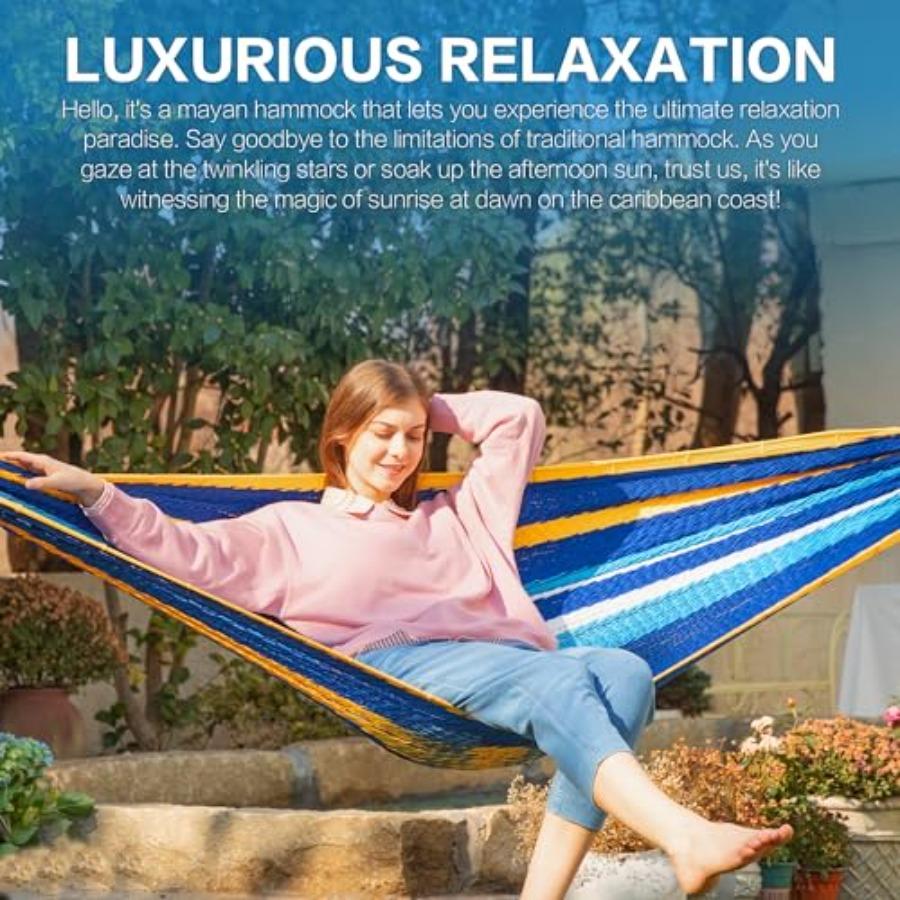 Handwoven Mayan Hammock Thick Soft Rope Double Hammock for Outdoor Outside Indoor 600 lbs Capacity Heavy-Duty Includes Tree Str