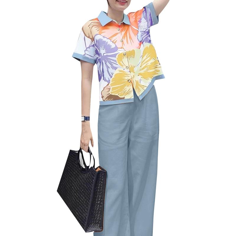 

ZANZEA Женский комплект с коротким рукавом, цветочная блузка и брюки, летний костюм-двойка 3XL синий