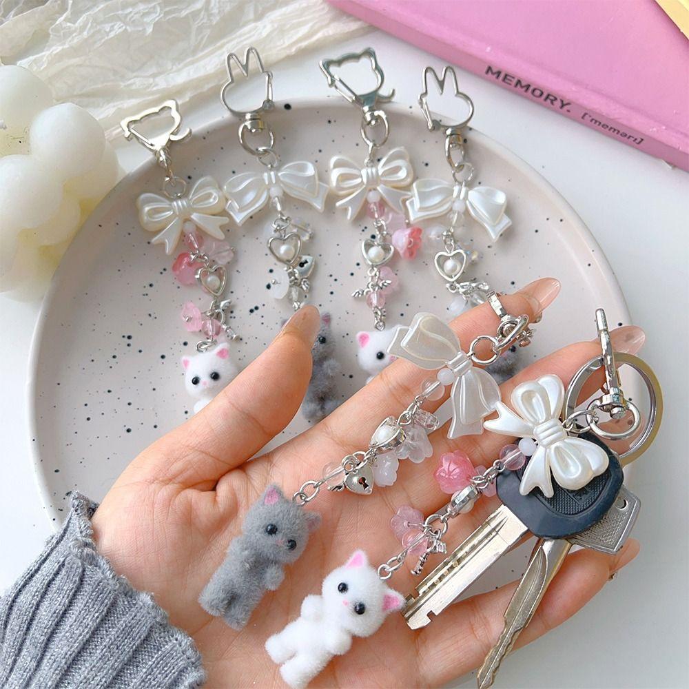 Bag Pendant Cat Bow Keychain Flocking Cat Y2k Bowknot Keyring Furry Kitten Keychain  Women Girls