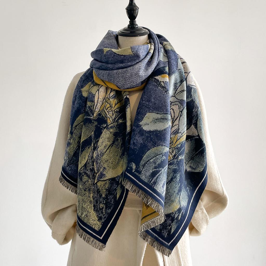 NEW Luxury Winter Cashmere Oil Painting Magnolia Design Scarf Women Warm Pashmina Blanket Poncho Scarves Female Elegance Shawl