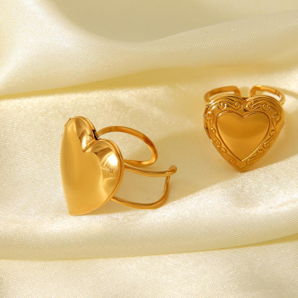 18K Gold Stainless Steel Patterned Heart Ring Heart-shaped Open Band Women's Non-fading Titanium Steel Jewelry