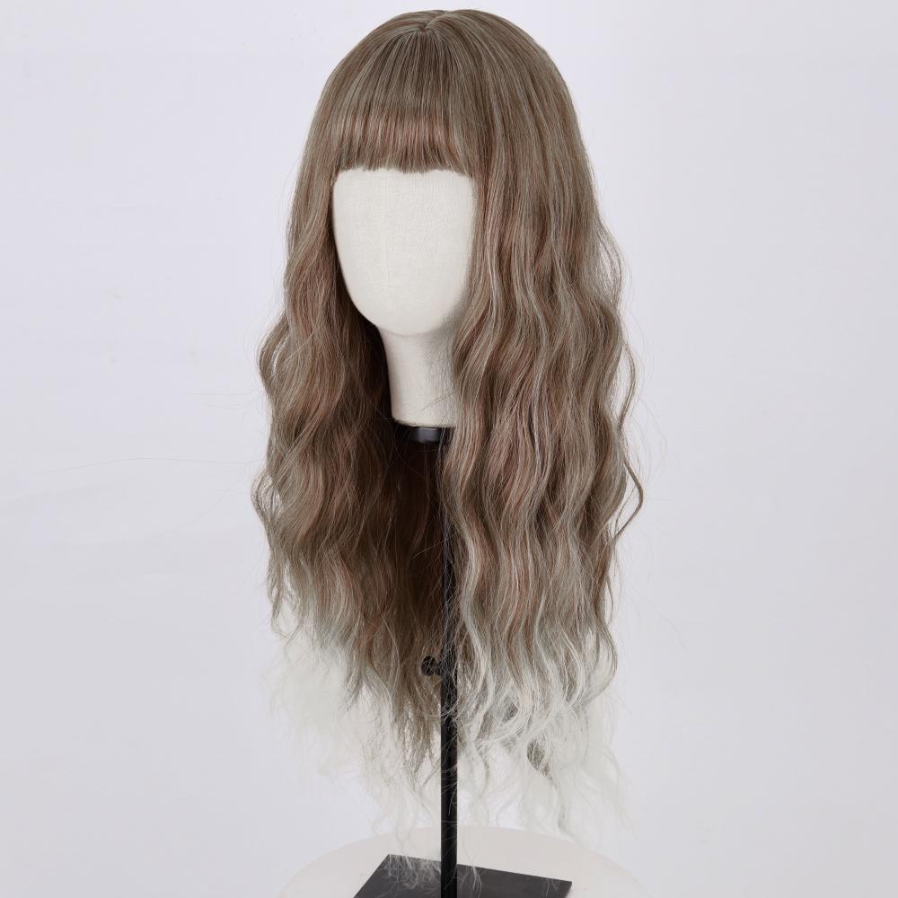 MERISIHAIR Long Wavy Wig with Bangs Light Ombre Brown Color Synthetic High Temperature Fiber Wig for Women Daily Wear