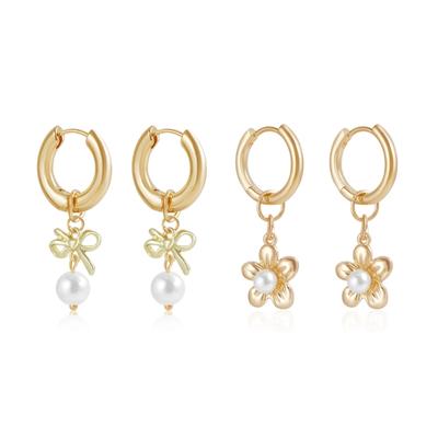 Pearls and Bowknot/Flower Hoop Earrings for Women Fashionable Drop Ear Rings Ear Pendants Elegant Evening Jewelry