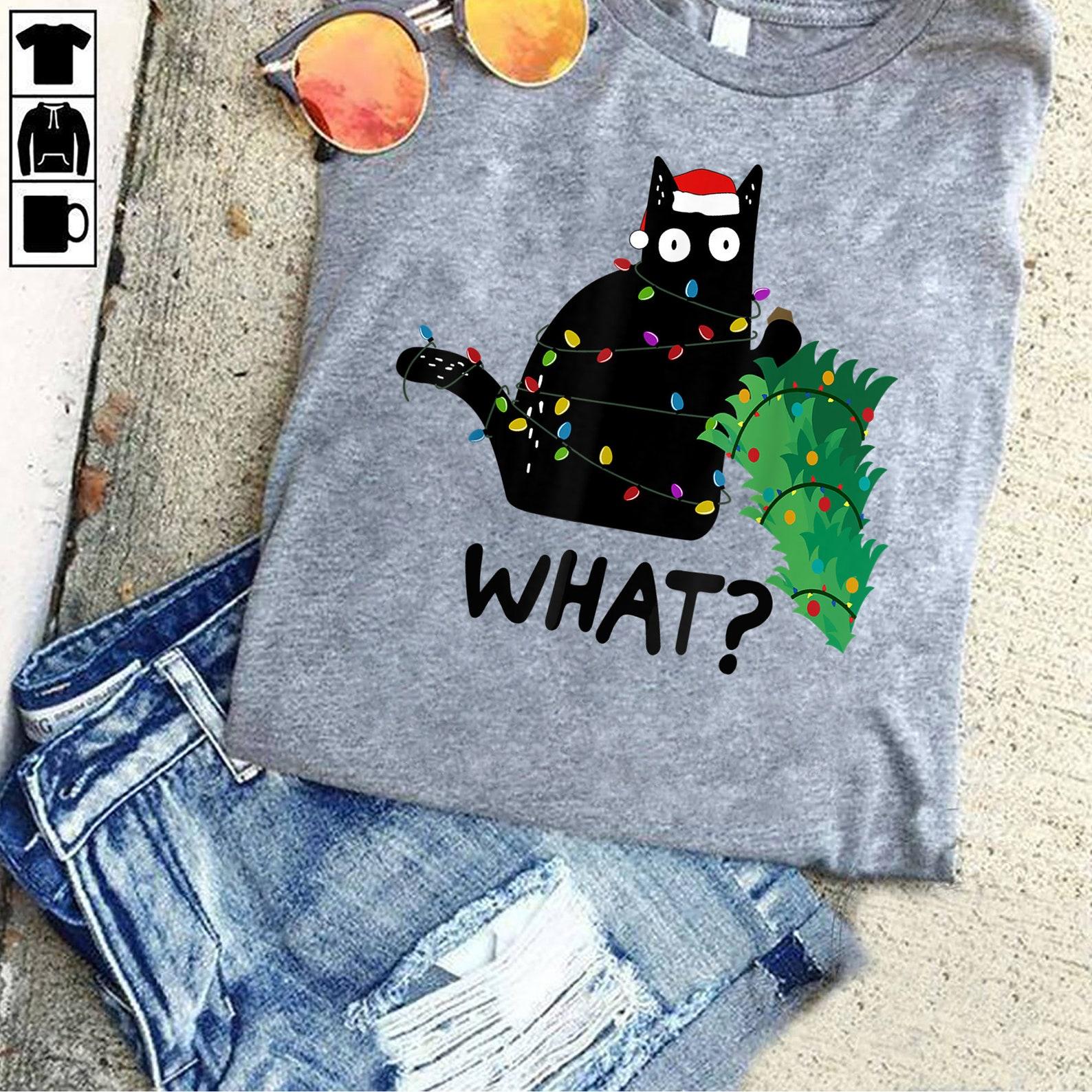 Funny Black Cat Gift Pushing Christmas Tree Over Cat What? T-Shirt - Gift for Cat Lovers - Funny CaT-Shirt - Sunflower S