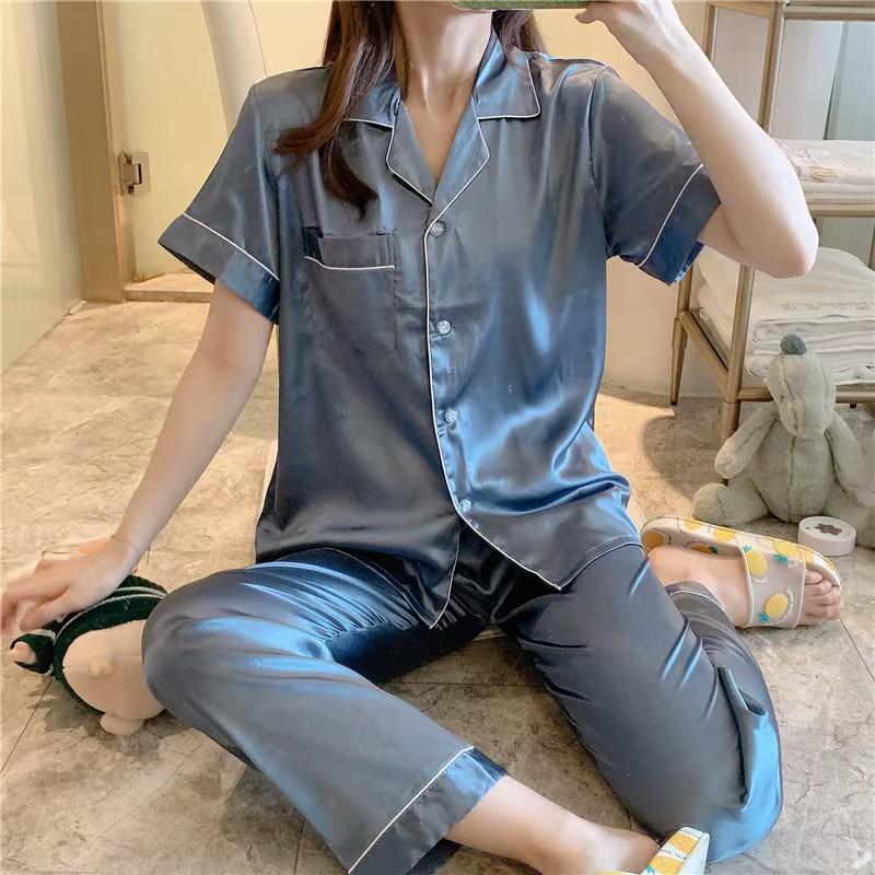 Women's Imitation Silk Short Sleeve Pajamas: Sexy, Lightweight, Plus Size Two-Piece Set with Long Pants.