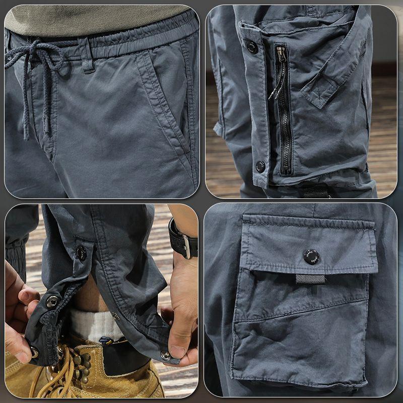 Ami Khaki Retro Washed Slim Fit Taktické kombinézy pro muže, Těžké ležérní kalhoty na jaro a podzim