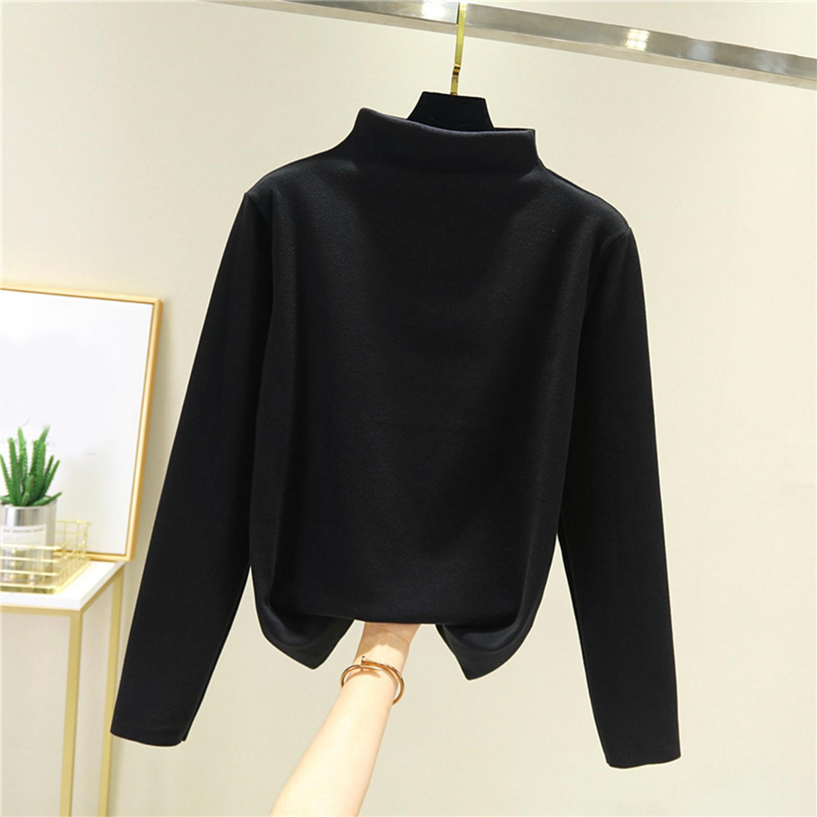 

Women s Thick Fleece Base Shirt With Warm Inner Layer And Seamless Long Sleeved T-shirt Half High Neck Top XXL чёрный