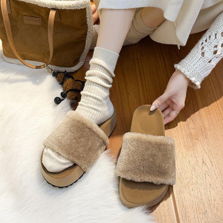 

[Youshilai] Thick-soled heightening fluffy slippers for women s 2025 autumn and winter new models with simple temperament and versatile slippers 40 хаки