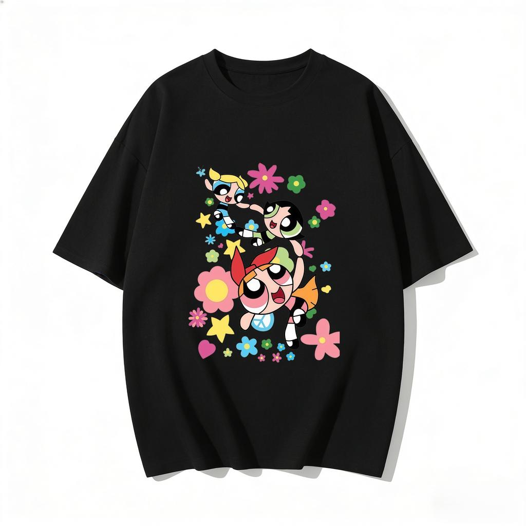 2026 Sommer Niedliche Powerpuff Girls Familien-Matching T-Shirts Cartoon-Druck Baumwoll-T-Shirts Lässige Kurzarm-Oberteile für Kinder und Erwachsene