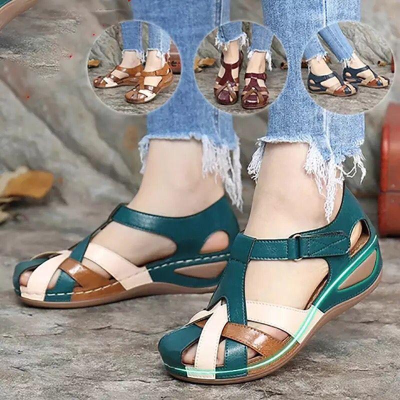 Summer new large size women's sandals hollow Velcro wedge heel sandals women