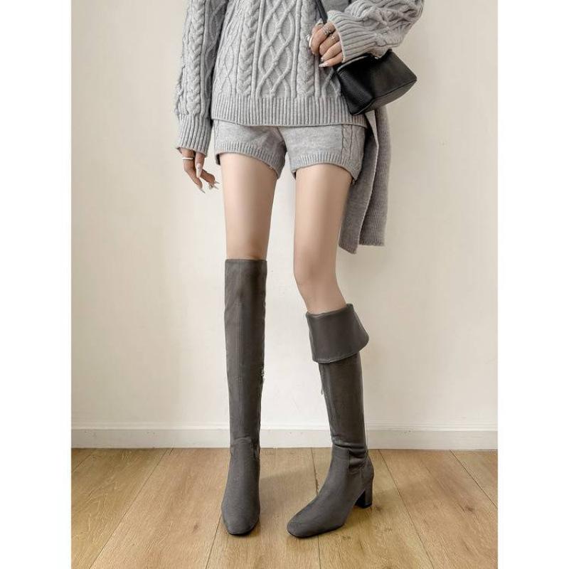 New women's leather boots zipper solid color leather large size women's boots versatile square head beef tendon sole sheepskin high heel knee boots