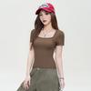 2024 High Street Spicy Girl Square Neck Sexy Top Female Tight Fake Two Piece Shoulder Pack Versatile Short Sleeve T-shirt