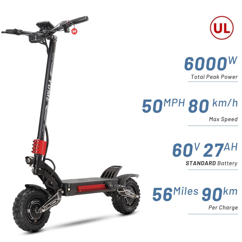 YUME Raptor Elektrická koloběžka 60V30AH 6000W Duální motor 11palcové terénní pneumatiky Maximální rychlost 80 km/h pro dospělé E-koloběžky s Bluetooth