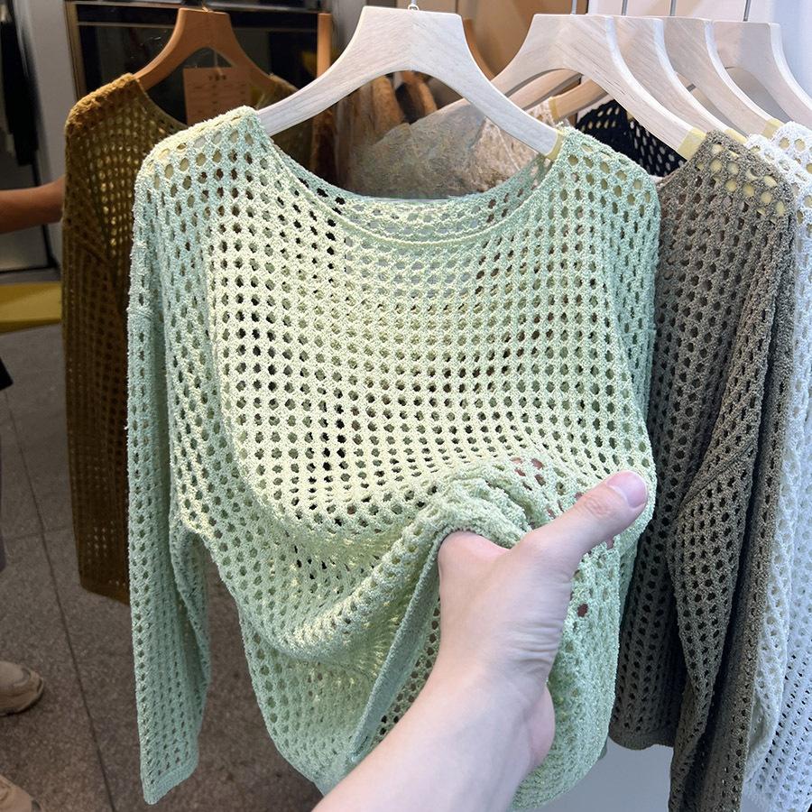 

Жіночий светр Vintage Harajuku з довгим рукавом Корейська весна-літо трикотажного одягу м які тонкі топи шикарний суцільний светр Femme XS зелений
