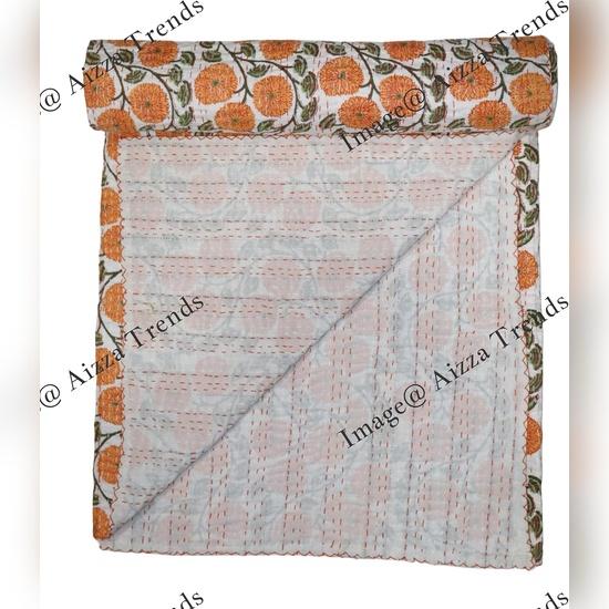 Aizza Trends Cuvertură Kantha din Bumbac Pur Imprimat Lucrată Manual - Aspect Tradițional Cuvertură de Pat Kantha Gudri - Gudri Vintage Cusute Manual