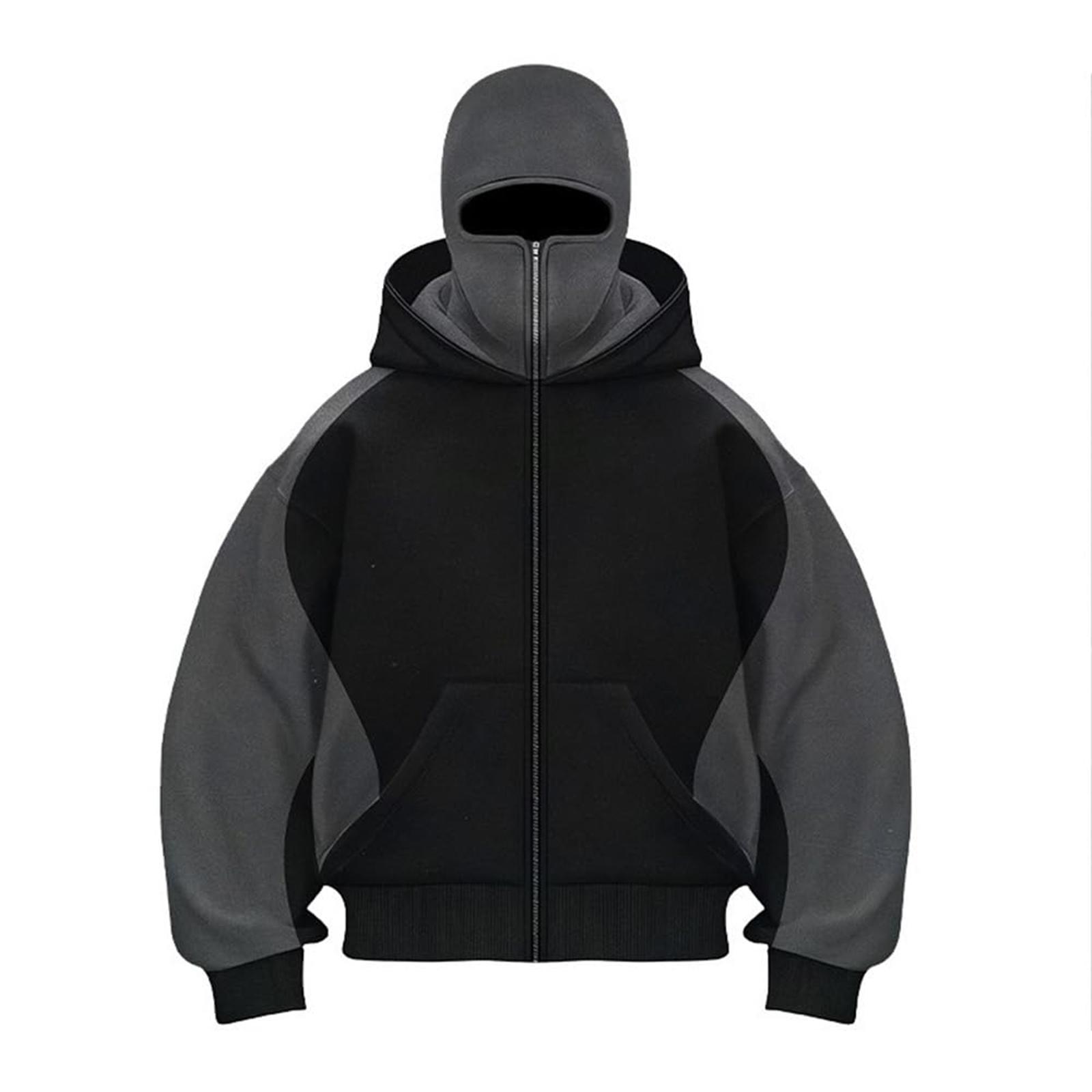 Men s Double Hood Colorblock Loose Trendy Hood Cardigan Zipper Hoodie M чёрный