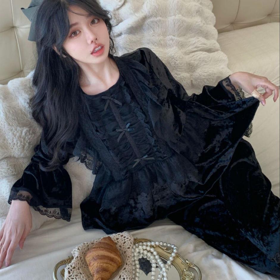 

Новый стиль осень и зима милая кружевная пижама в стиле суда женский комплект канареечный бархат теплая домашняя пижама для женщин одежда для сна XL чёрный