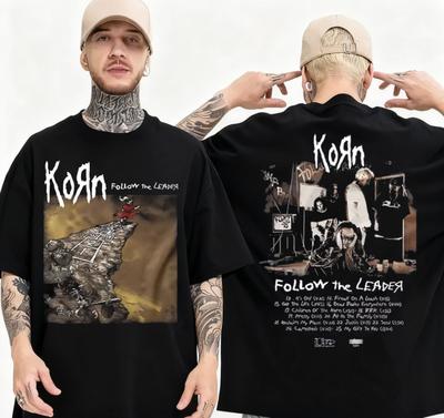 2025 Nyári Rock Band Korn Follow The Leader Grafikus Póló Ritka Nu Metal Zenei Póló Férfi Gótikus Retro Pamut Laza Póló
