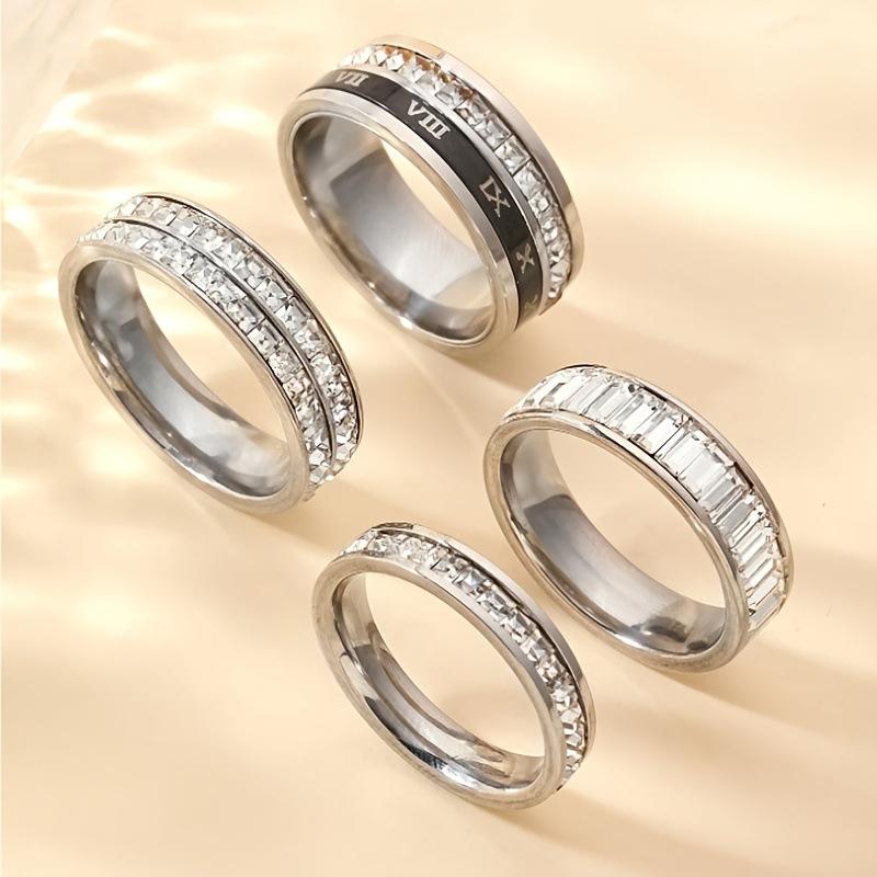 Korean Style Titanium Steel Ring Inlaid with Full Diamond Rotatable Roman Numeral Fashion Ring i Stainless Steel Jewelry Factory