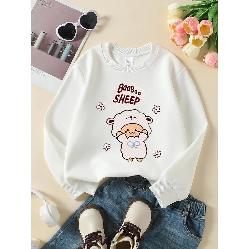 Crewneck Sweatshirt for Girls Featuring an Adorable Sheep Against a Floral Backdrop. It'S Machine Washable, Suitable for Spring And Autumn