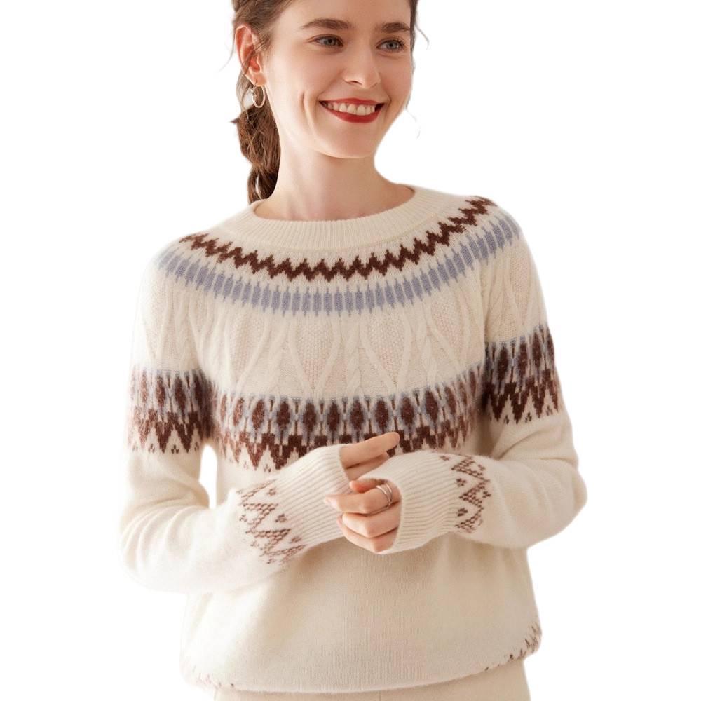 Women's Fair Isle Jacquard Cashmere Sweater: Unique Color Block, Round Neck, Loose Fit, Thickened Knitwear for Autumn/Winter.