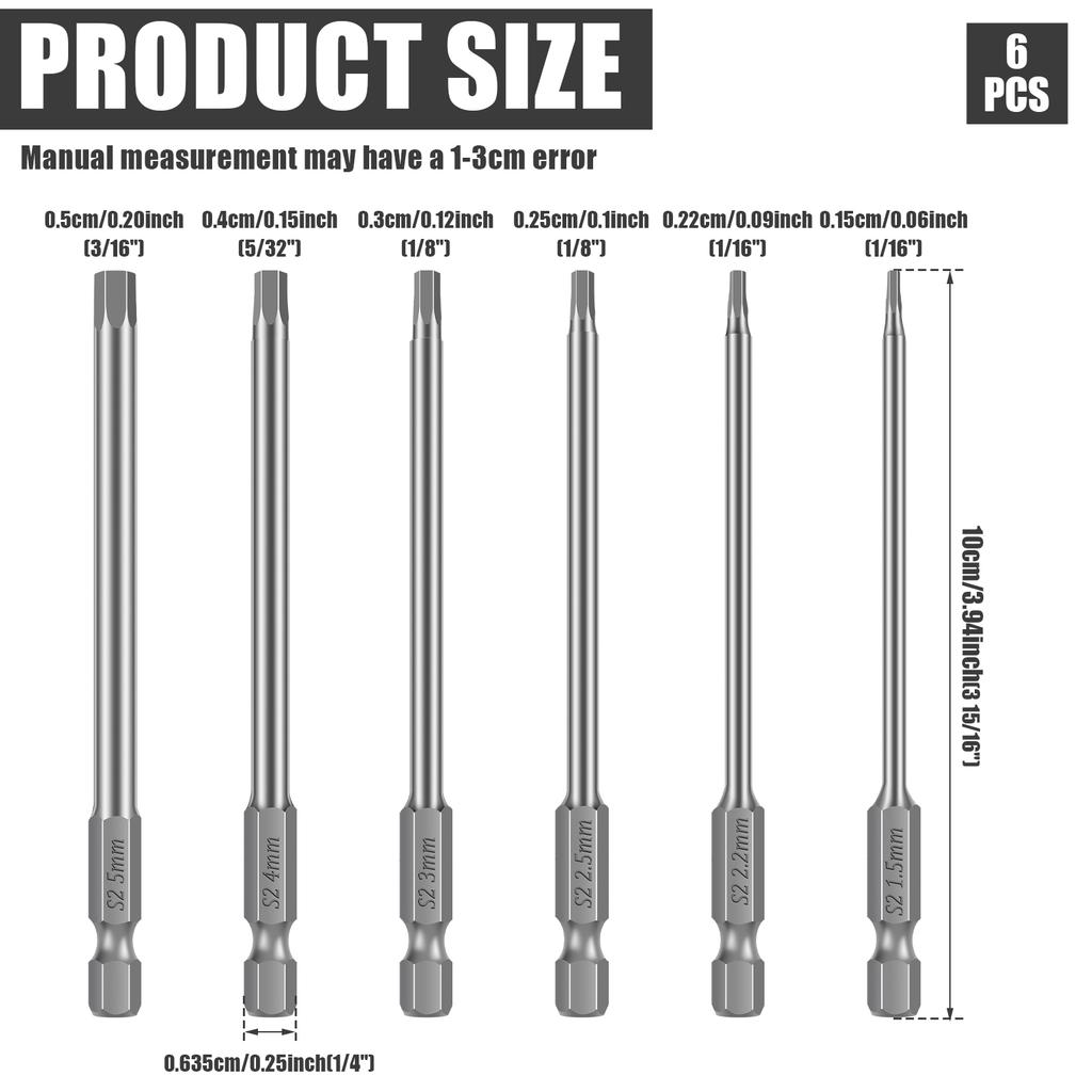 10/6pcs Hex Allen Key Bit Set S2 Steel 1/4” Hex-Shank Metric Inner Hexagon Screwdriver Bit Multiple Size for Assembling Furnitur