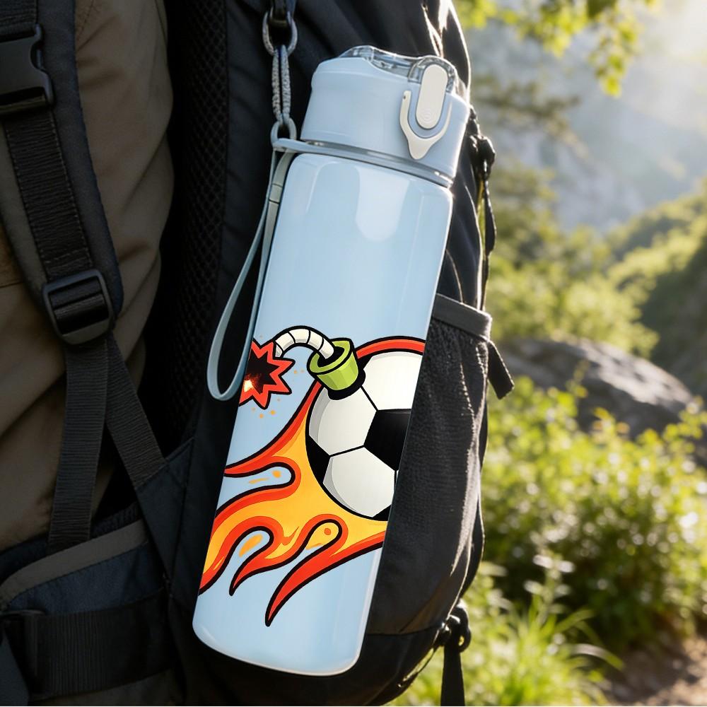 1PC Fire Flame Soccer Ball Art Print 750ml Color Plastic Sports Water Bottle Leakproof Flip Straw Lid Suitable for Sports Office Home Use
