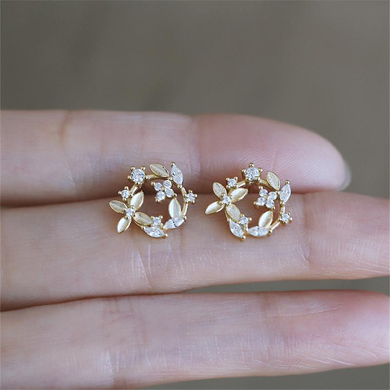 

925 Sterling Silver Plating 14k Gold European Creative Pavé Crystal Wreath Stud Earrings Women Light Luxury Wedding Jewelry Gift Gold