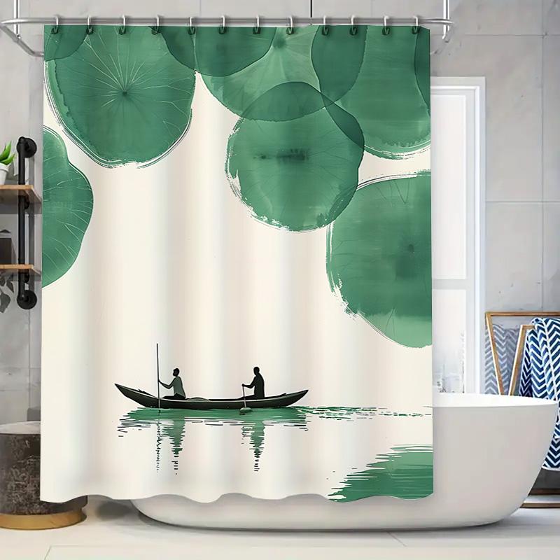 

Stylish Green Lotus Leaves Bath Curtain With Boat Design Waterproof Mildew Resistant Enhances Aesthetic Privacy Elevate Space W60H190(CM)-1 Pcs