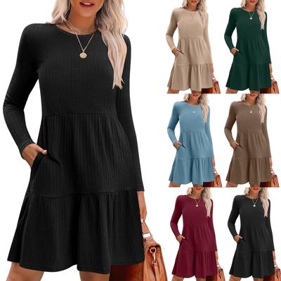 Womens Long Sleeve Dress Casual Knit Crewneck Knee Length Dresses With Pockets