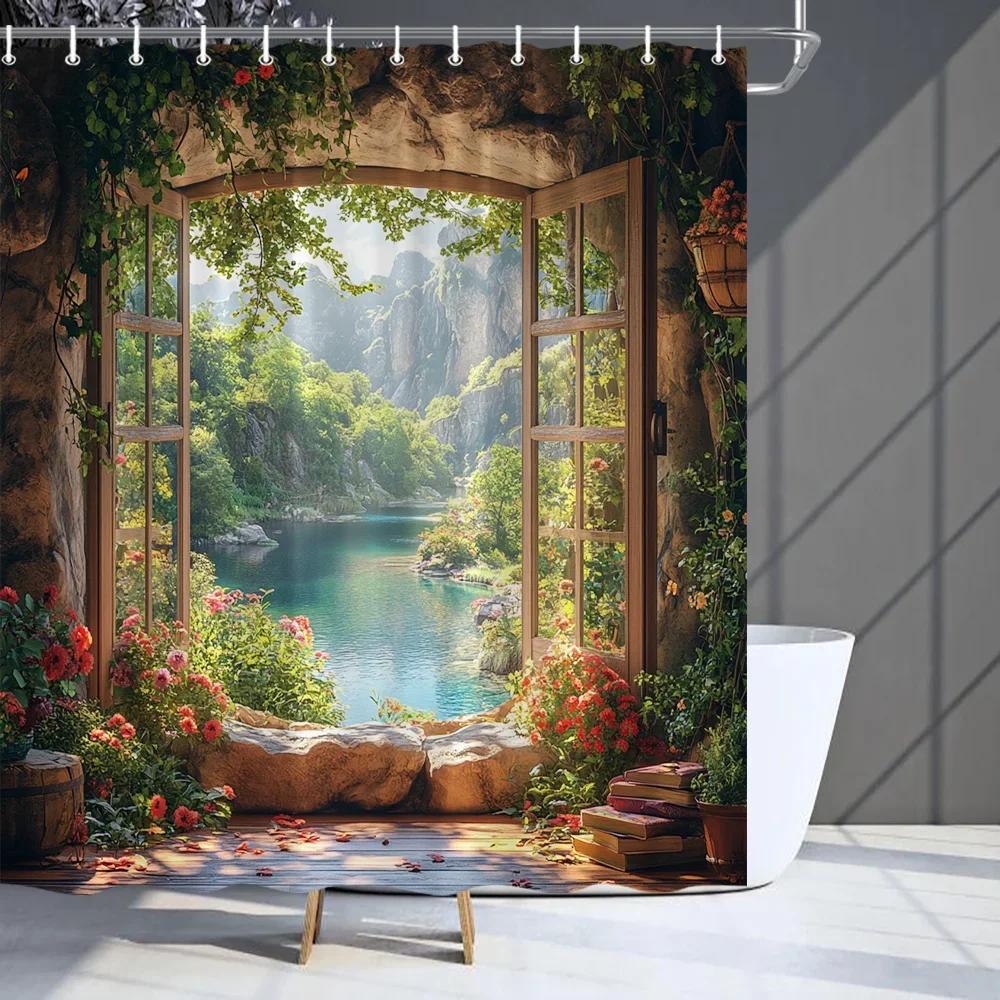 Charming forest window shower curtain - beautiful scenery under the lake, suitable for natural inspiration and creativity 90x180cm-35x70in