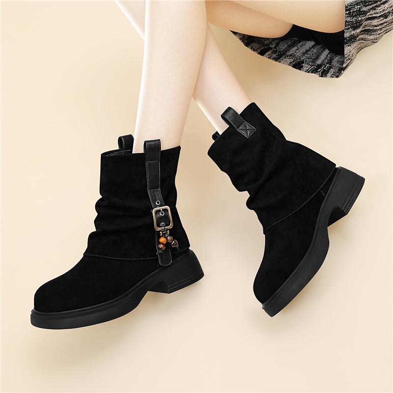 

Cotton shoes velvet new autumn and winter Maillard fringed short boots retro medium tube Martin boots stacked knight boots 35