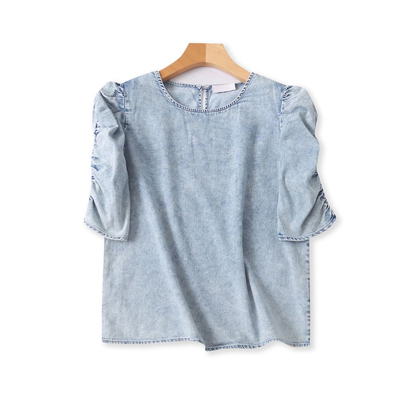 

Export Summer Women s Clothing 90% Cotton Denim Shirt round Neck Puff Sleeves Washed Distressed Loose Trendy Slimming Shirt Image color 36