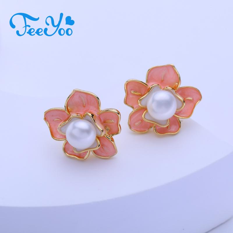 

FEEYOO серьги-гвоздики с натуральным пресноводным жемчугом для женщин и девочек, модные серьги-гвоздики золотого цвета с розовым цветком, вечерние украшения