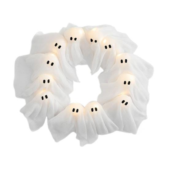 Halloween Ghost Wreath 12 Little Light-up White Ghost Wreath Front Door Hanging Decoration for Holiday Indoor Outdoor Wall Decor