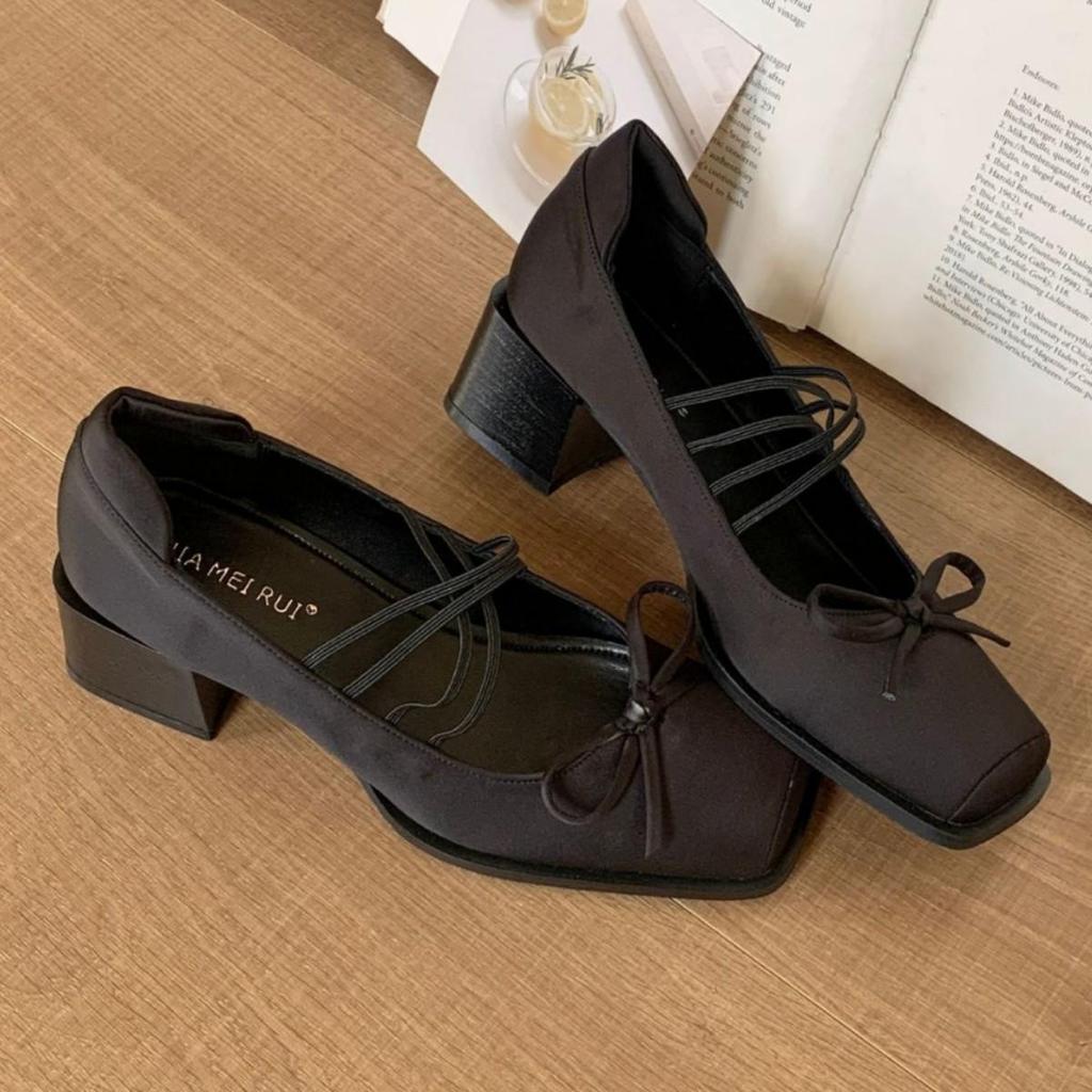 Women's 2025 Chunky Heel Mary Jane Shoes - French Square Toe, Pig Mouth Design, Spring/Autumn