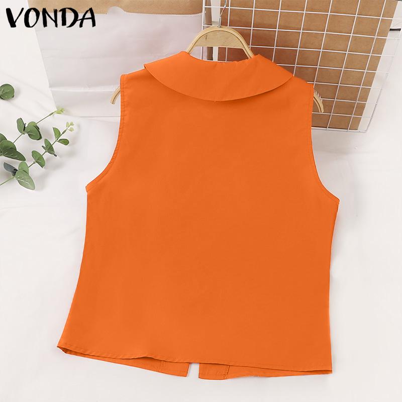 VONDA Women Summer Round Neck Sleeveless Solid Color Loose Blouse
