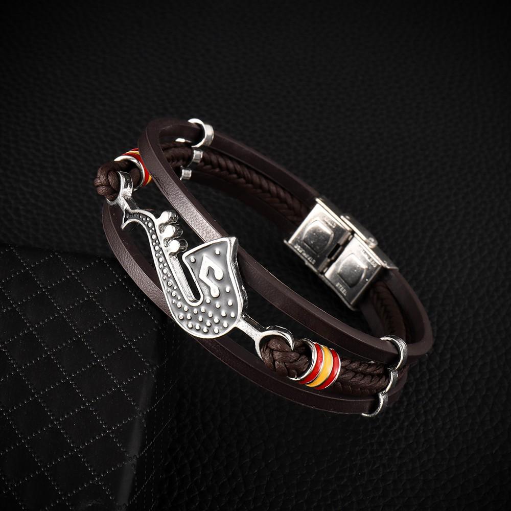 Trendy Personality Saxophone Music Bracelets for Men Leather Woven Note Multi-Layer Bracelet Student Men's Accessory Bracelet