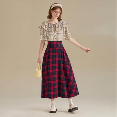 Women Midi Skirt Plaid Print High Waist A-Line Skirt Large Hem Design Slimming Effect Autumn Winter Skirt