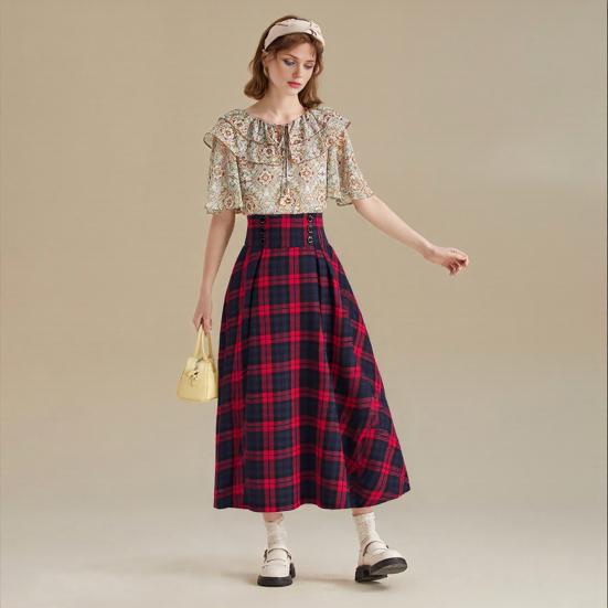 Women Midi Skirt Plaid Print High Waist A-Line Skirt Large Hem Design Slimming Effect Autumn Winter Skirt